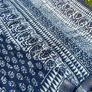 Gulbahaar Indigo Hand Block Cotton Linen Saree