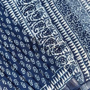 Gulbahaar Indigo Hand Block Cotton Linen Saree