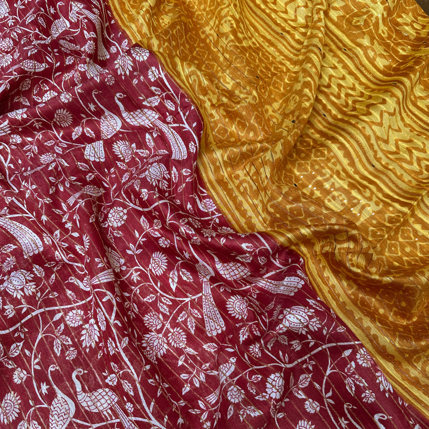 Haute Red Peacock Cotton Silk Printed Saree