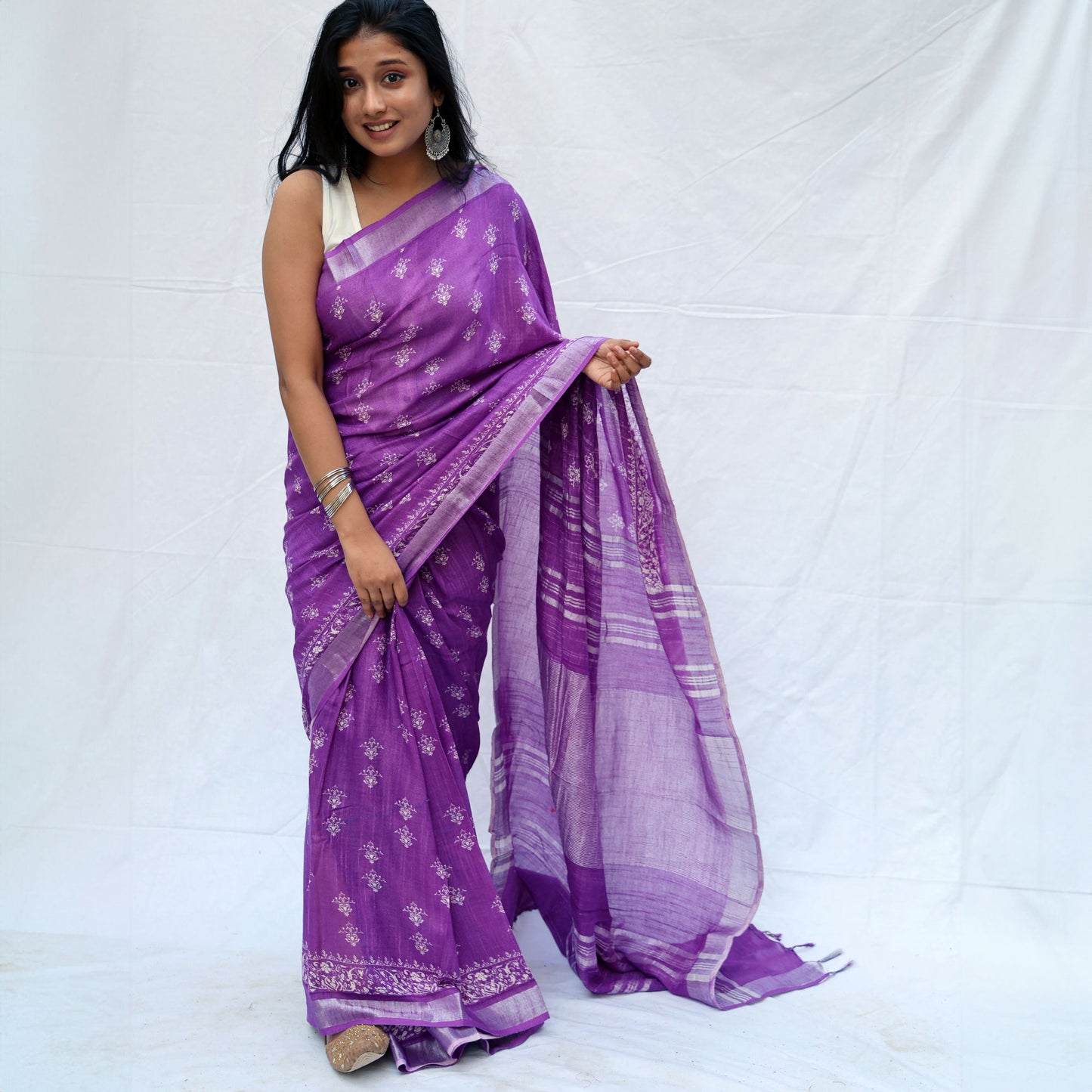 Imperial Purple Printed Organic Linen Saree