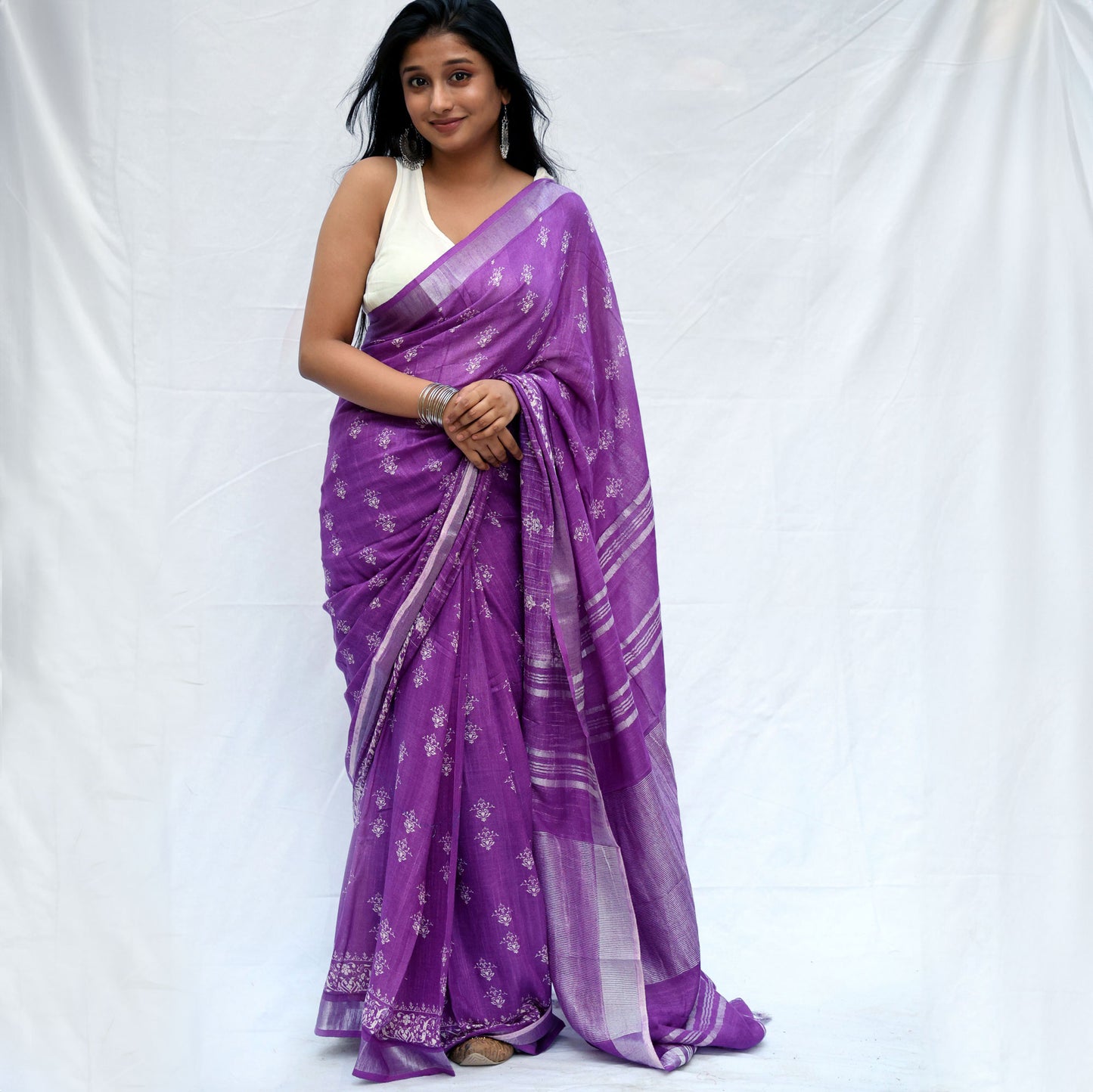Imperial Purple Printed Organic Linen Saree