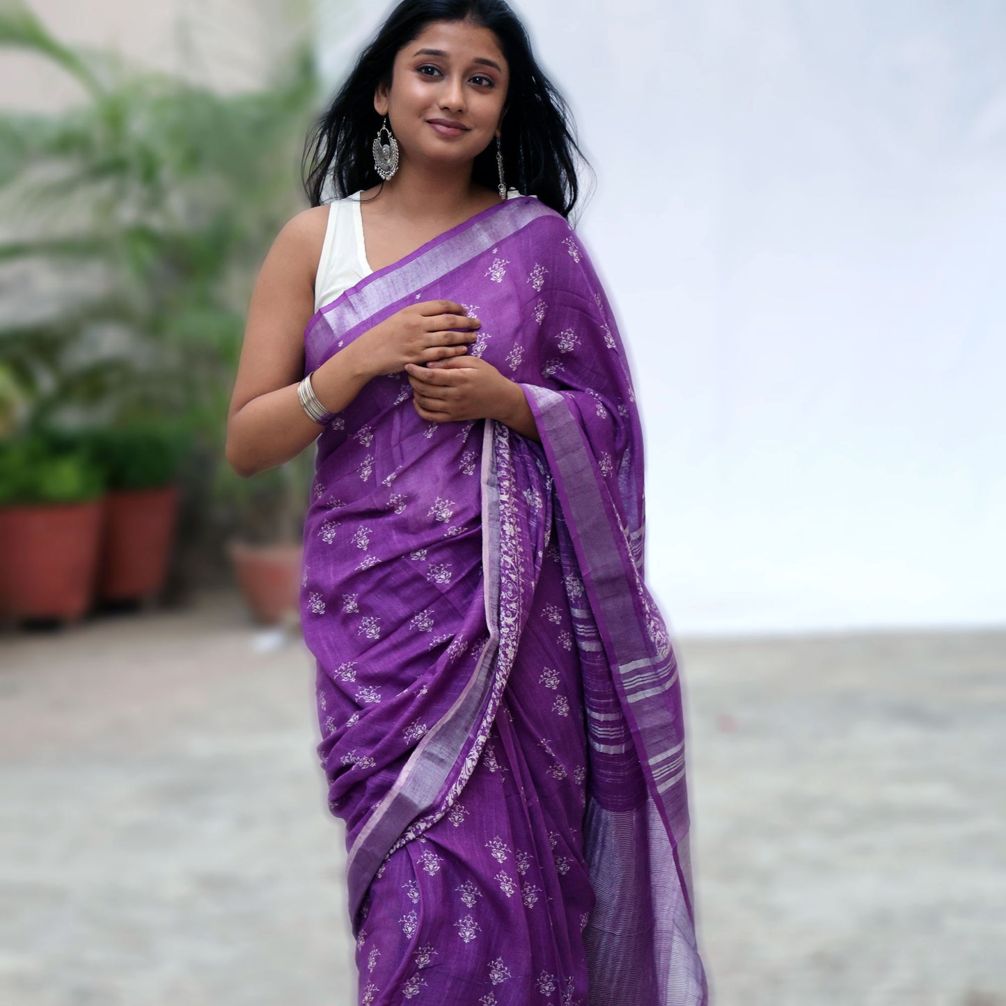 Imperial Purple Printed Organic Linen Saree