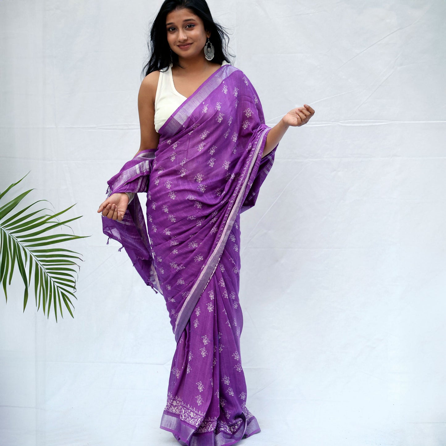 Imperial Purple Printed Organic Linen Saree