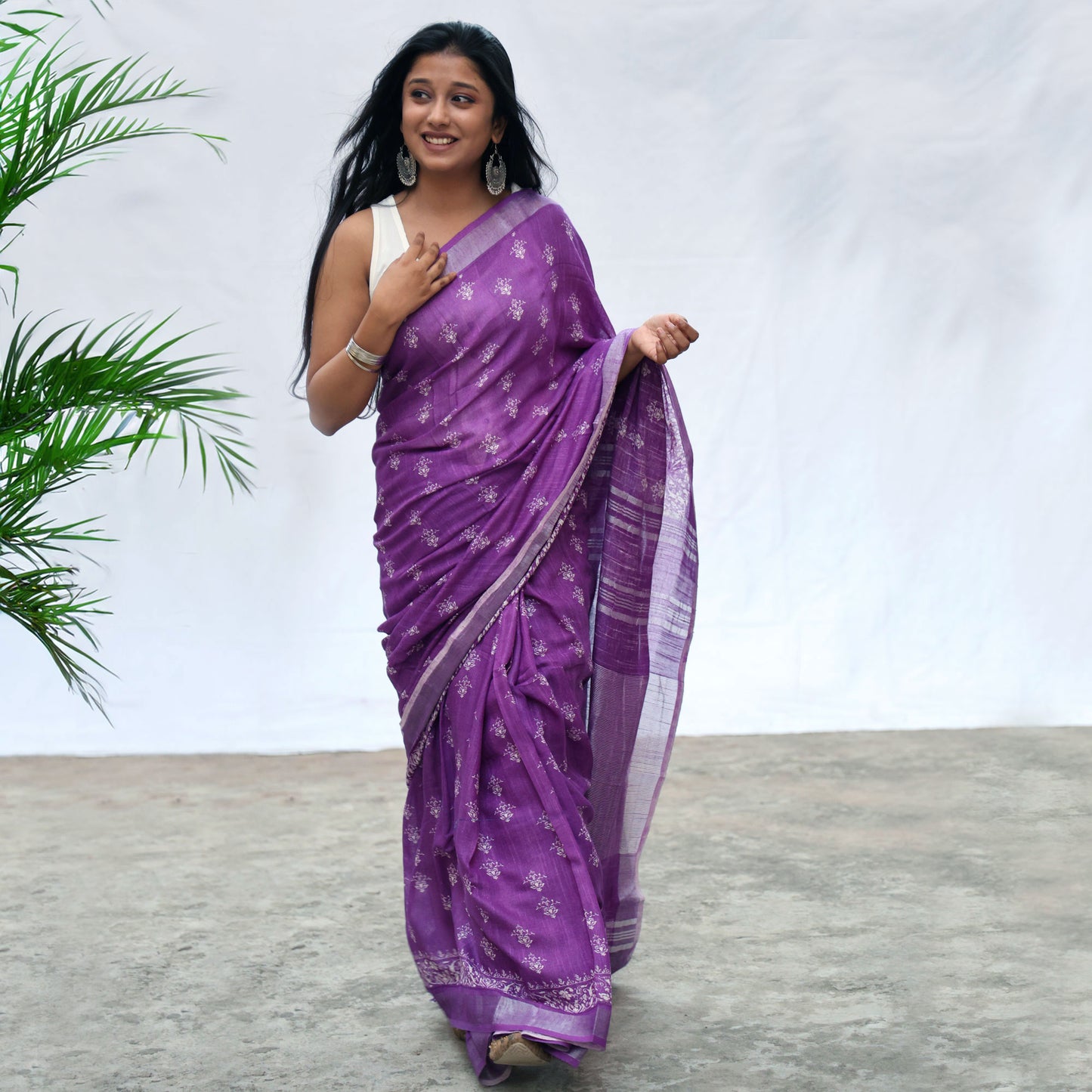 Imperial Purple Printed Organic Linen Saree