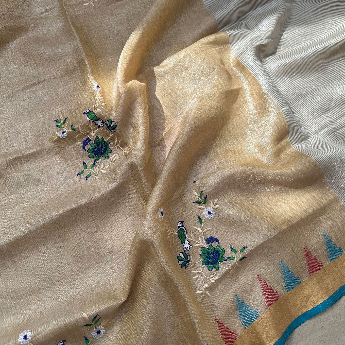 Indirani Zari Linen Embroidered Saree
