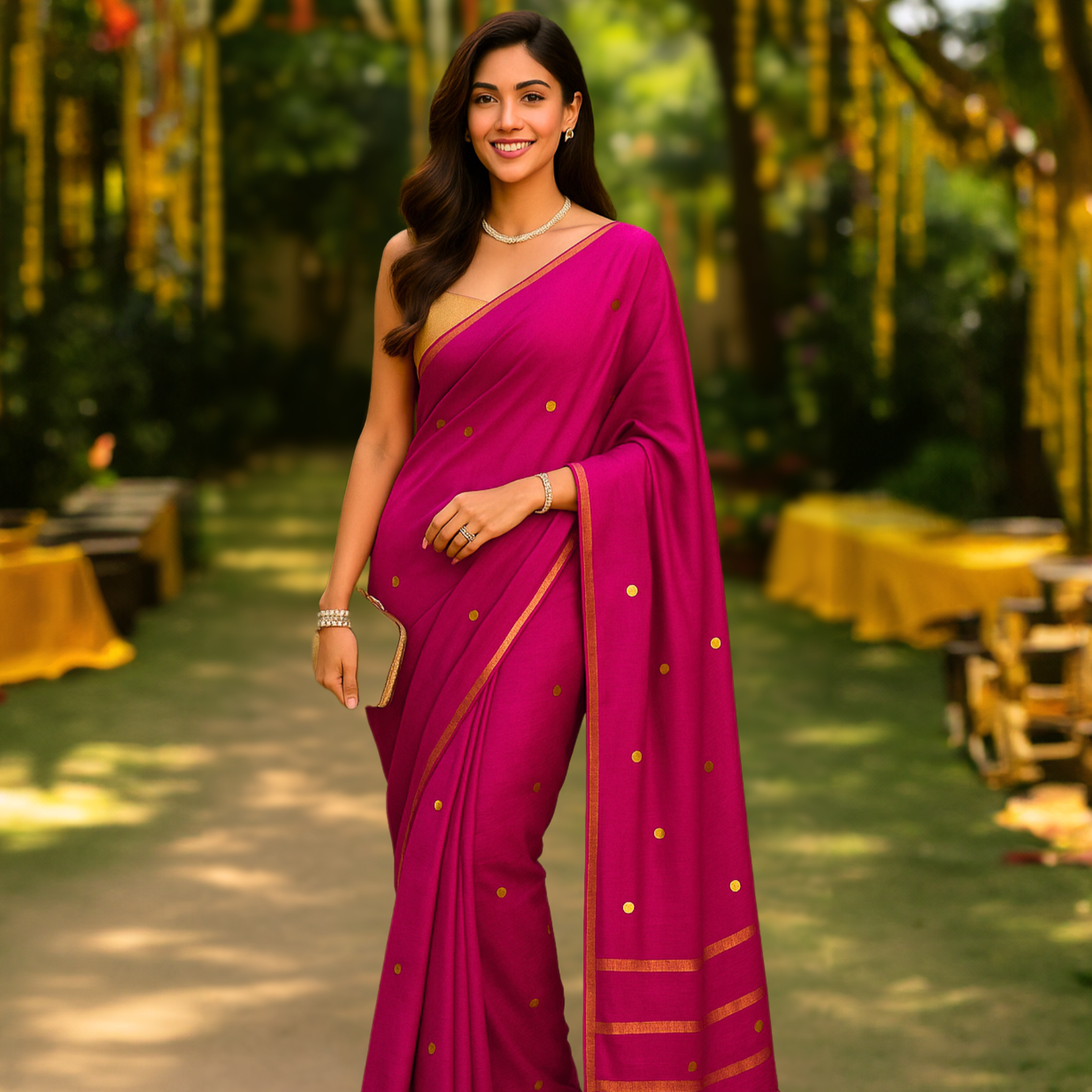 Woman in a pink hand embroidered sequins saree standing outdoors. Ready for a wedding party