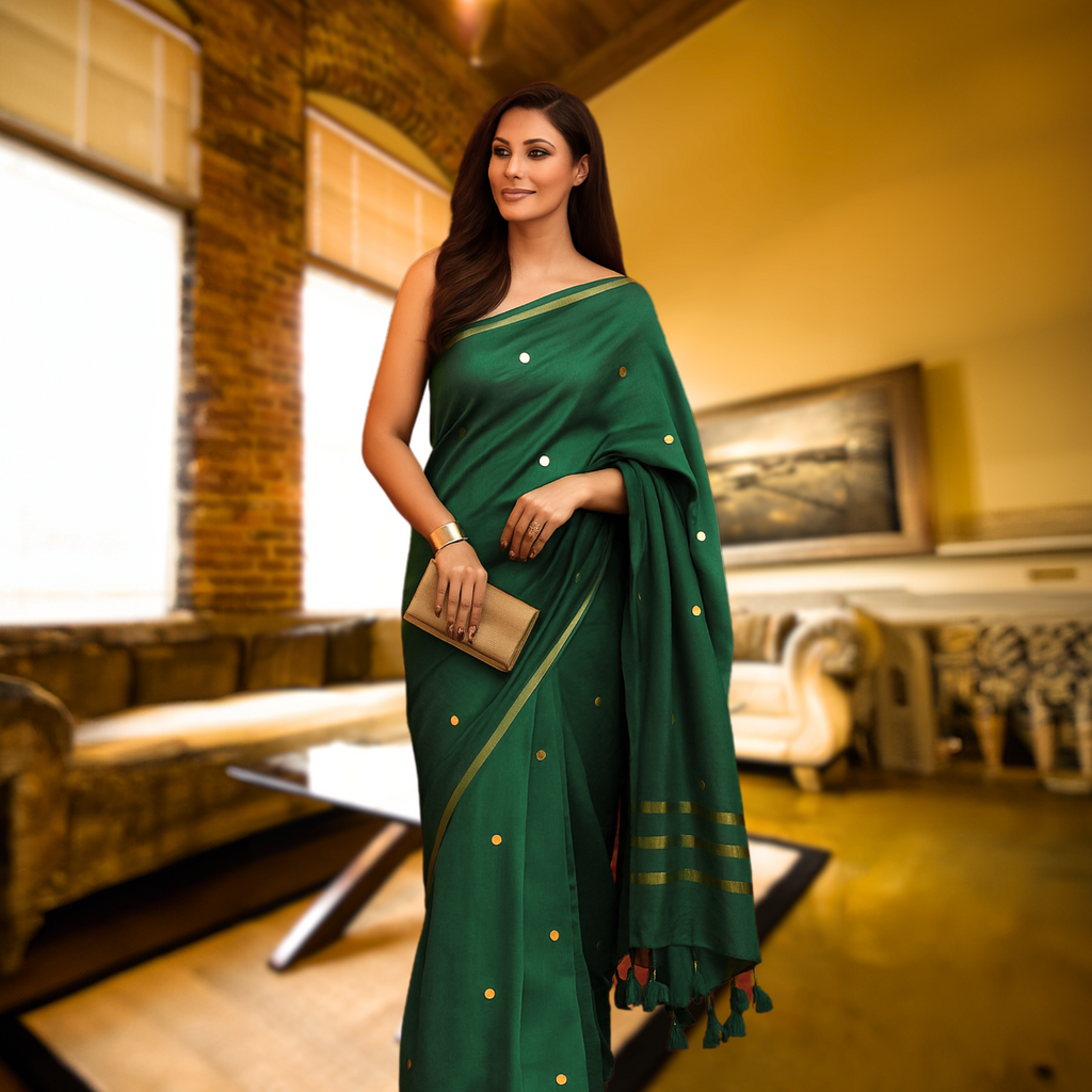 Woman in a green sequins saree standing in a stylishly decorated room. Perfect Festive/Party Wear