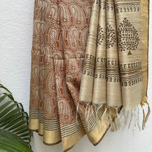 Kairi Bahaar Handblock Printed Moonga Silk Saree