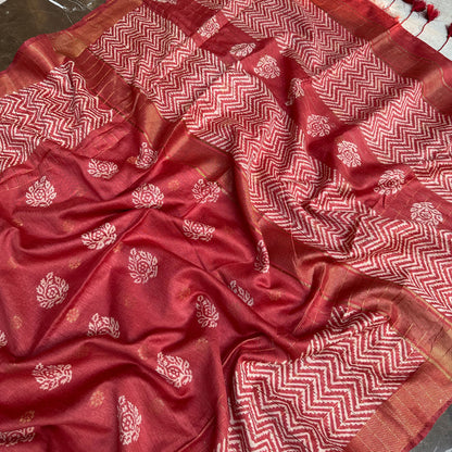 Kand Pushpa Handblock Printed Cotton Silk Saree