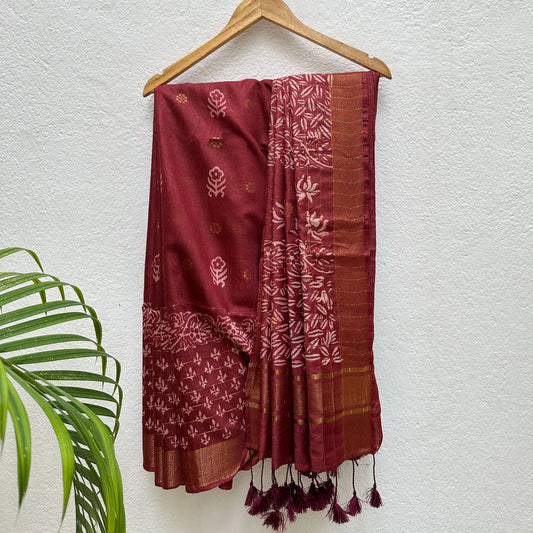 Kaner Handblock Printed Cotton Silk Saree