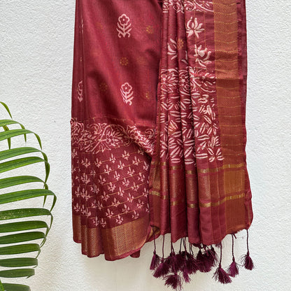 Kaner Handblock Printed Cotton Silk Saree