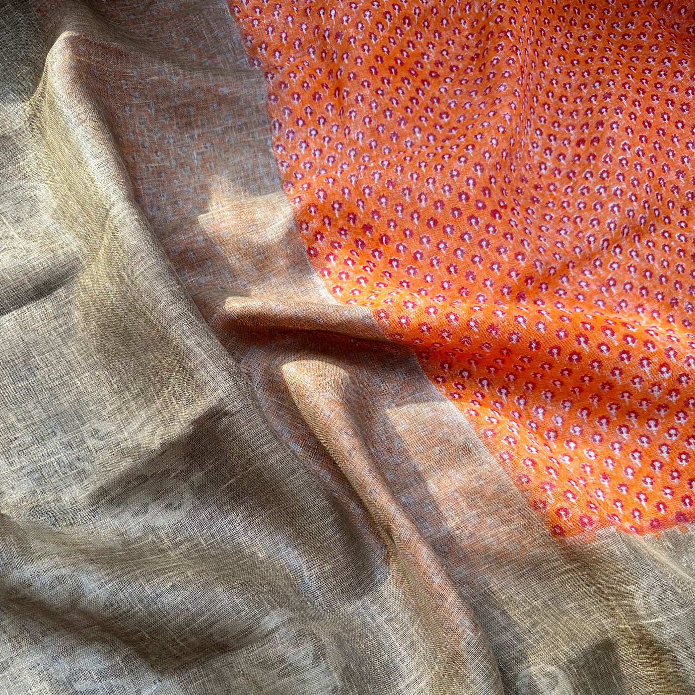 Kaasa Pathar Handblock Printed Pure Linen Saree
