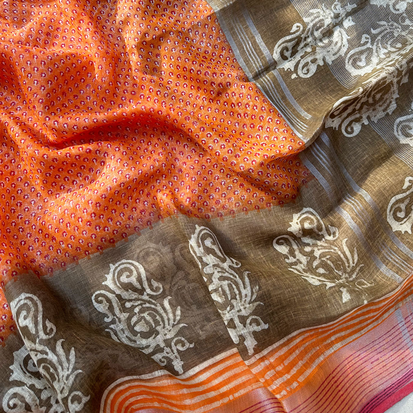Kaasa Pathar Handblock Printed Pure Linen Saree