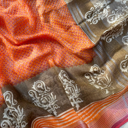 Kaasa Pathar Handblock Printed Pure Linen Saree