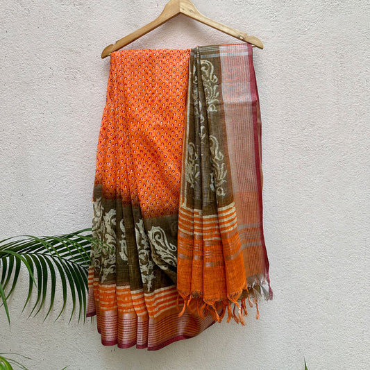 Kaasa Pathar Handblock Printed Pure Linen Saree