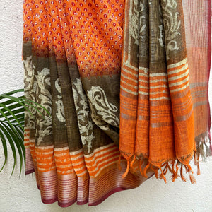 Kaasa Pathar Handblock Printed Pure Linen Saree
