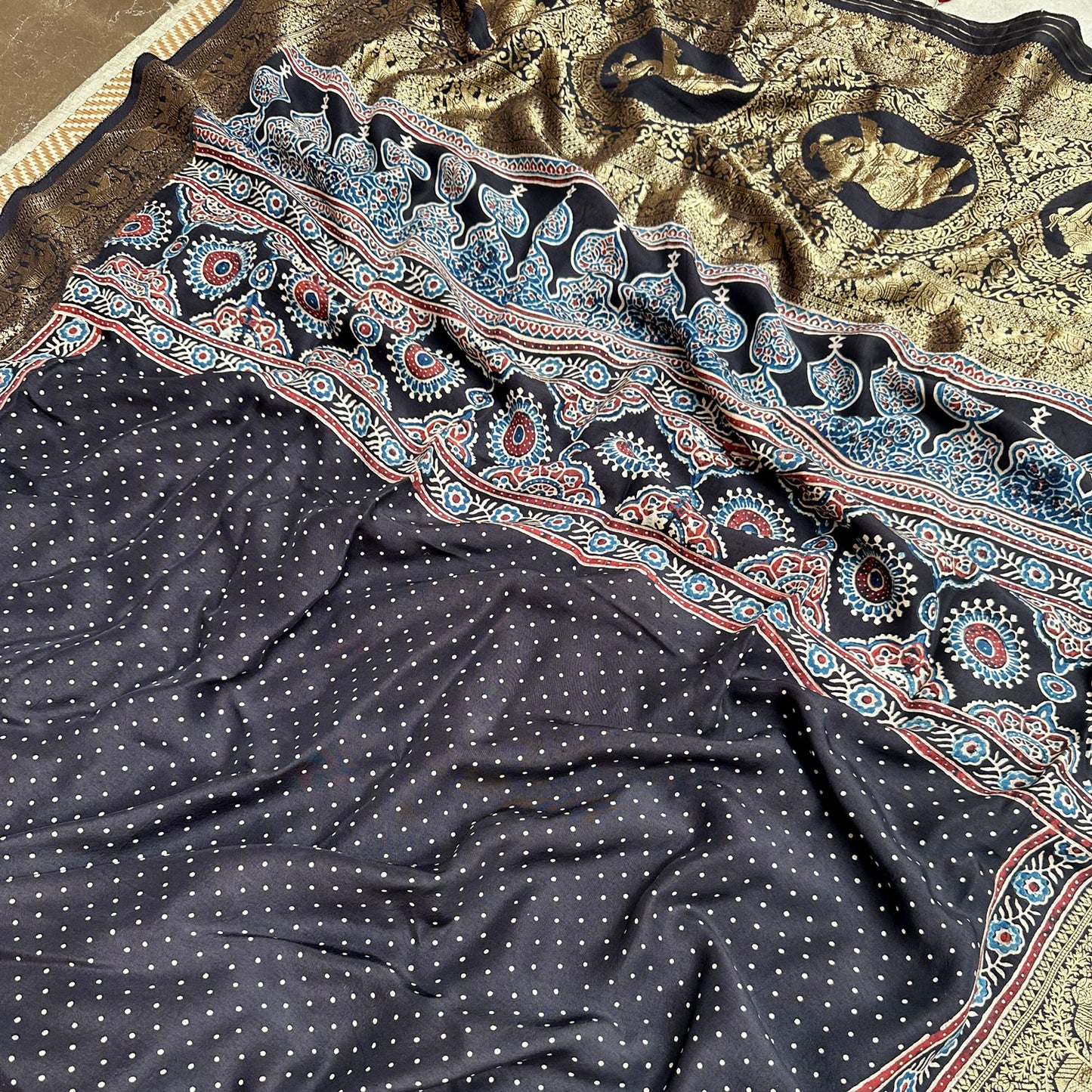 Keshav Handblock Printed Ajrakh Modal Silk Saree