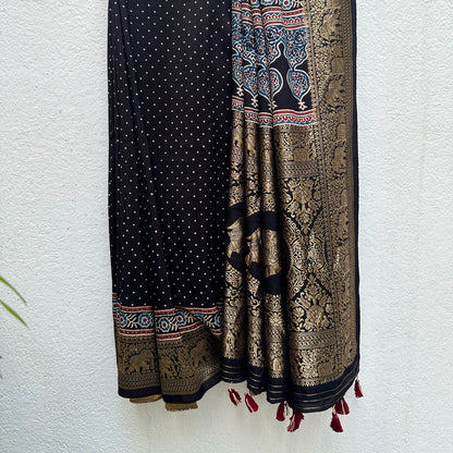 Keshav Handblock Printed Ajrakh Modal Silk Saree