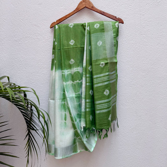 Kiwi Green Shibori Cotton Linen Saree