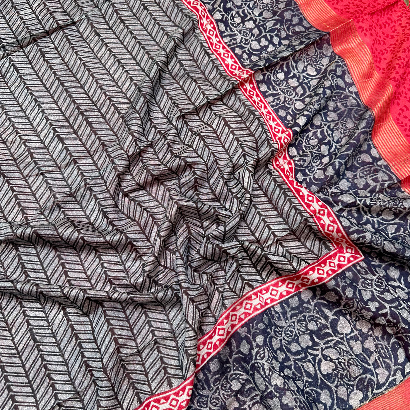Licorice Handblock Cotton Viscose Silk Saree