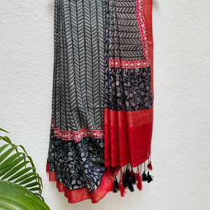 Licorice Handblock Cotton Viscose Silk Saree