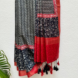 Licorice Handblock Cotton Viscose Silk Saree
