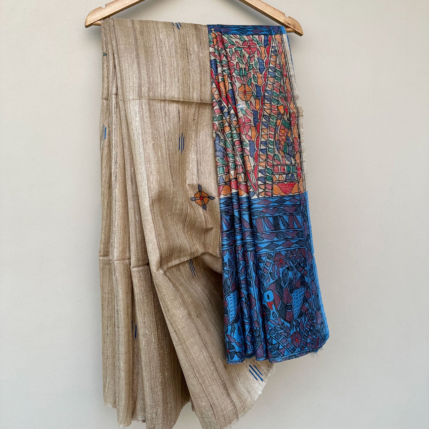 Madder Madhubani Handpainted Tussar Silk Saree