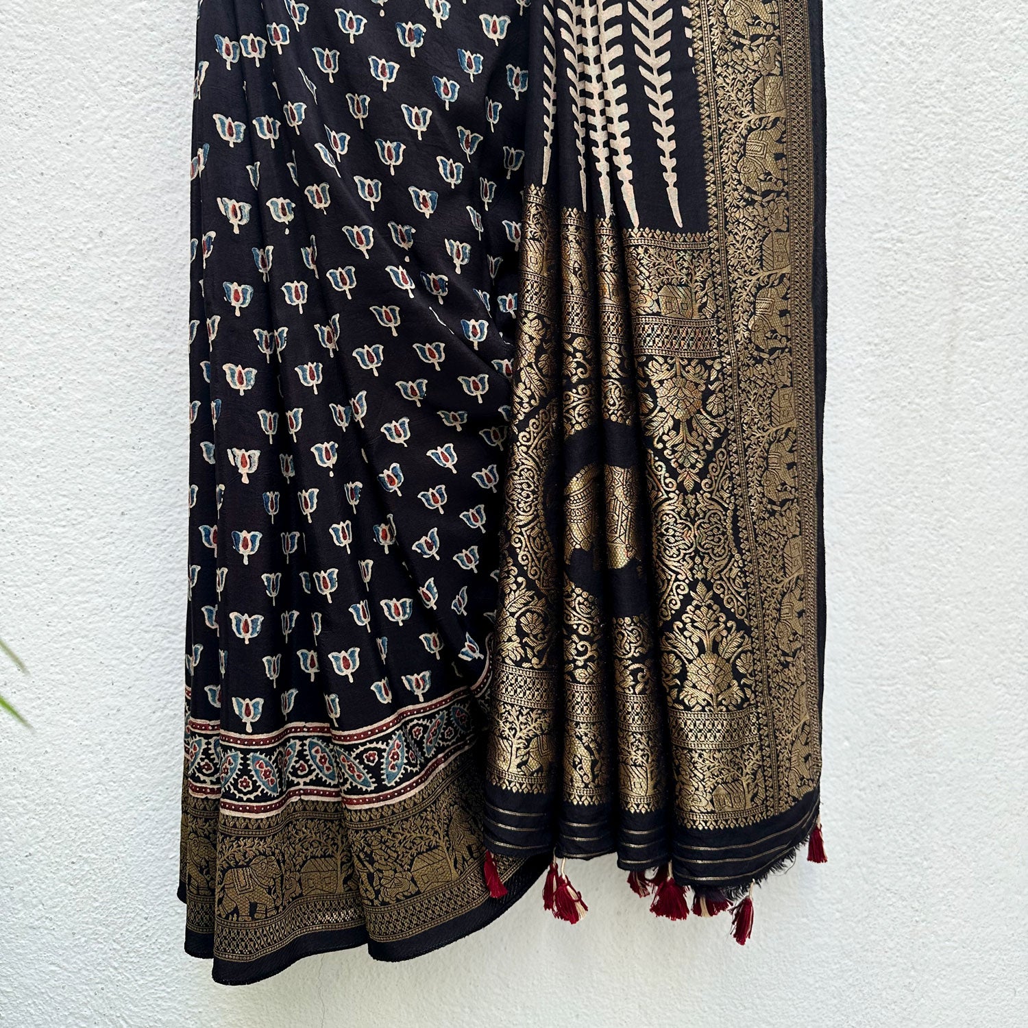 Madhav Handblock Printed Ajrakh Modal Silk Saree
