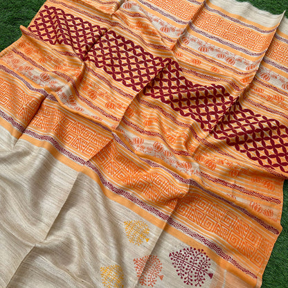 Madhushaala Handblock Printed Handwoven Tussar Silk Saree