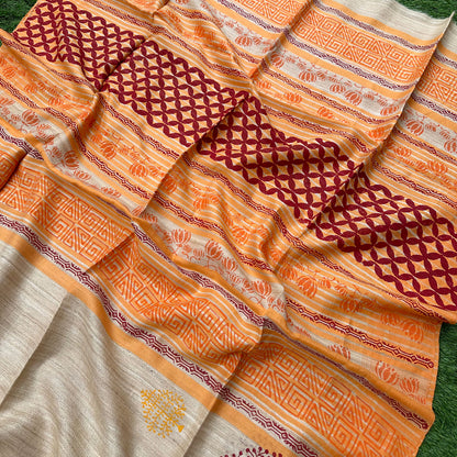 Madhushaala Handblock Printed Handwoven Tussar Silk Saree