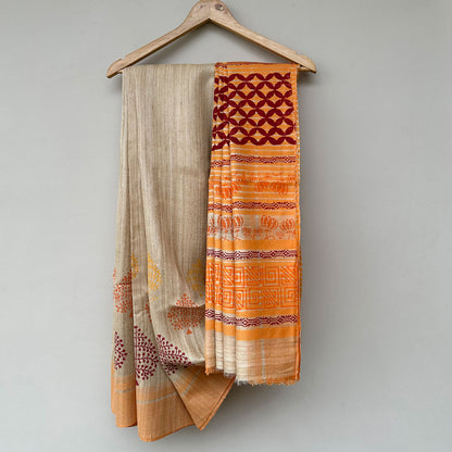 Madhushaala Handblock Printed Handwoven Tussar Silk Saree