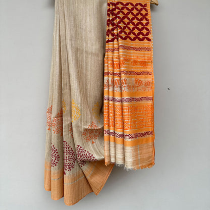 Madhushaala Handblock Printed Handwoven Tussar Silk Saree