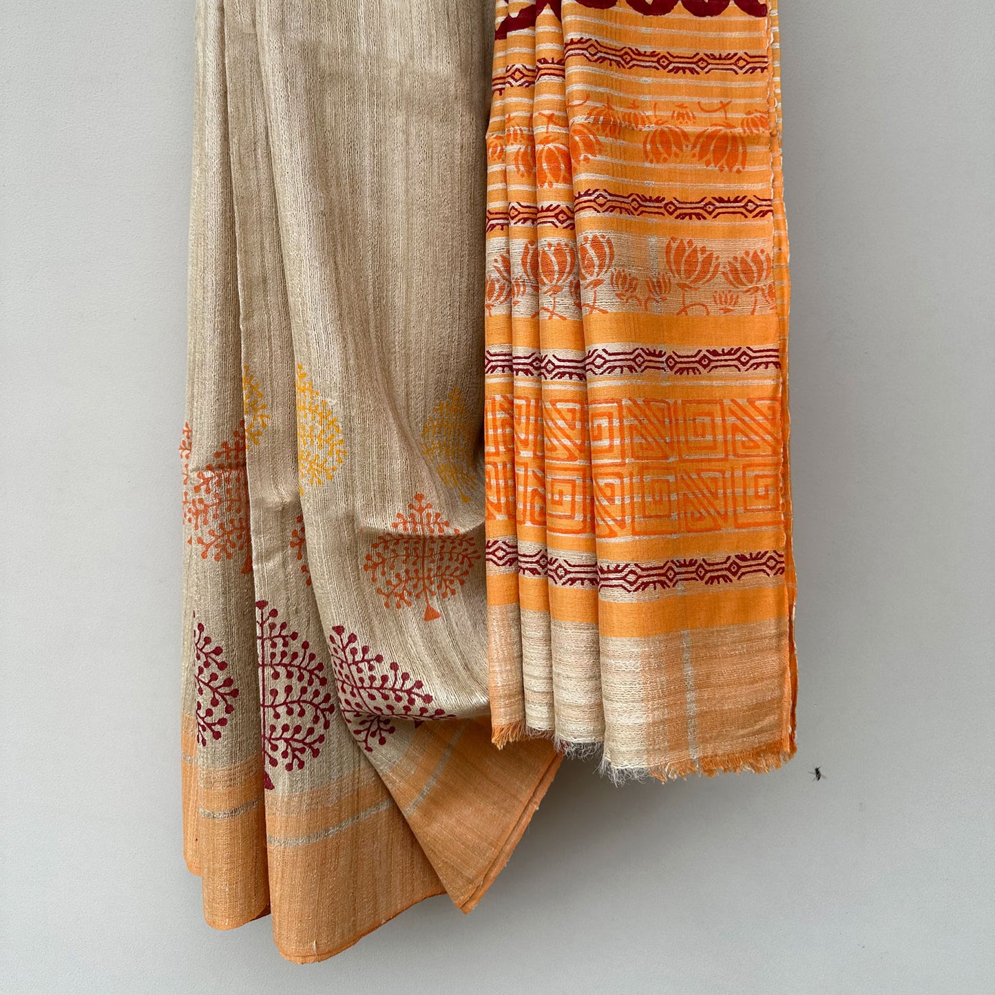 Madhushaala Handblock Printed Handwoven Tussar Silk Saree