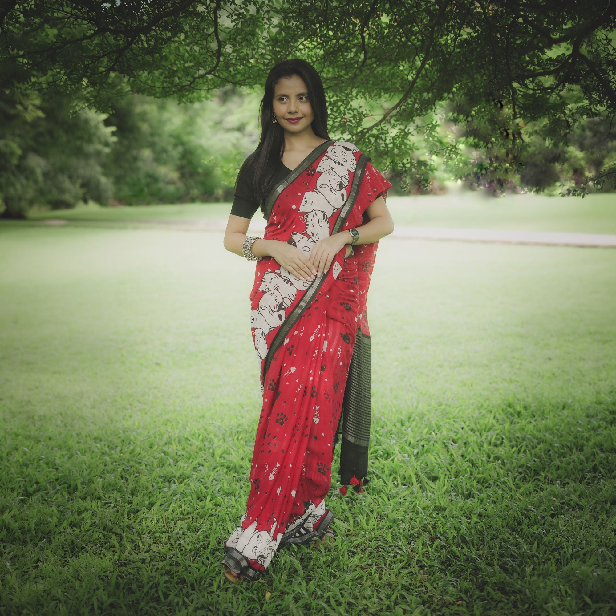 Main Character Energy red cotton cat print saree with fishbone motifs, sleeping cat border and black zari pallu, Zoomies Collection