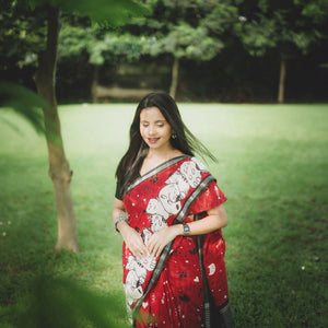 Main Character Energy red cotton cat print saree with fishbone motifs, sleeping cat border and black zari pallu, Zoomies Collection