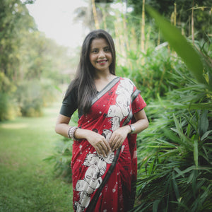 Main Character Energy red cotton cat print saree with fishbone motifs, sleeping cat border and black zari pallu, Zoomies Collection
