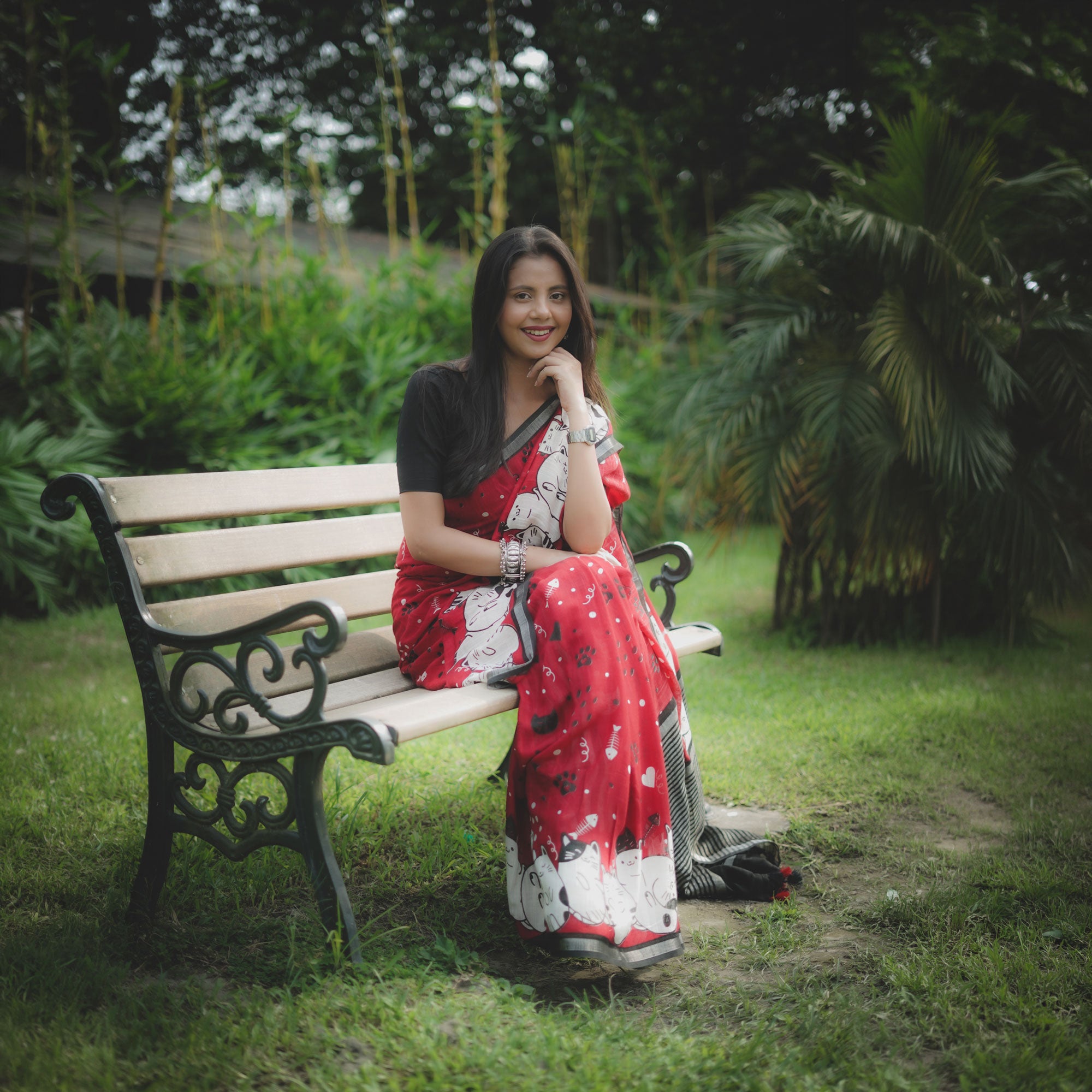 Main Character Energy red cotton cat print saree with fishbone motifs, sleeping cat border and black zari pallu, Zoomies Collection
