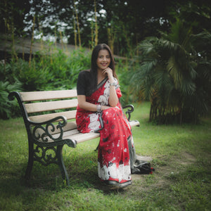 Main Character Energy red cotton cat print saree with fishbone motifs, sleeping cat border and black zari pallu, Zoomies Collection