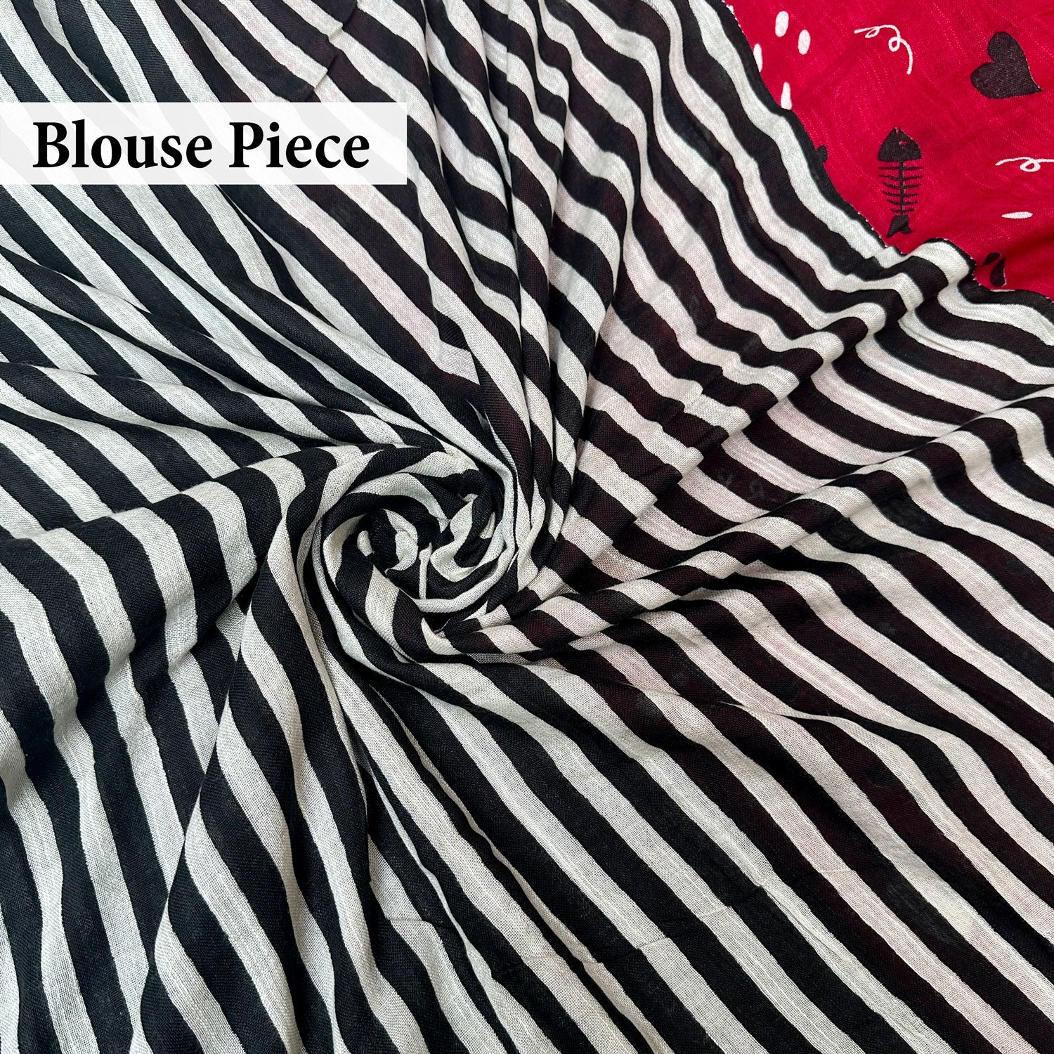 Main Character Energy red cotton cat print saree with black and white striped blouse, Zoomies Collection