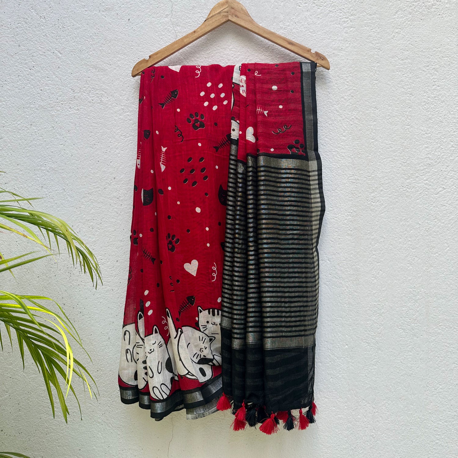Main Character Energy red cotton cat print saree with fishbone motifs, sleeping cat border and black zari pallu, Zoomies Collection