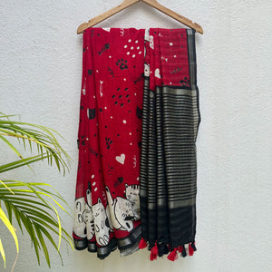 Main Character Energy red cotton cat print saree with fishbone motifs, sleeping cat border and black zari pallu, Zoomies Collection