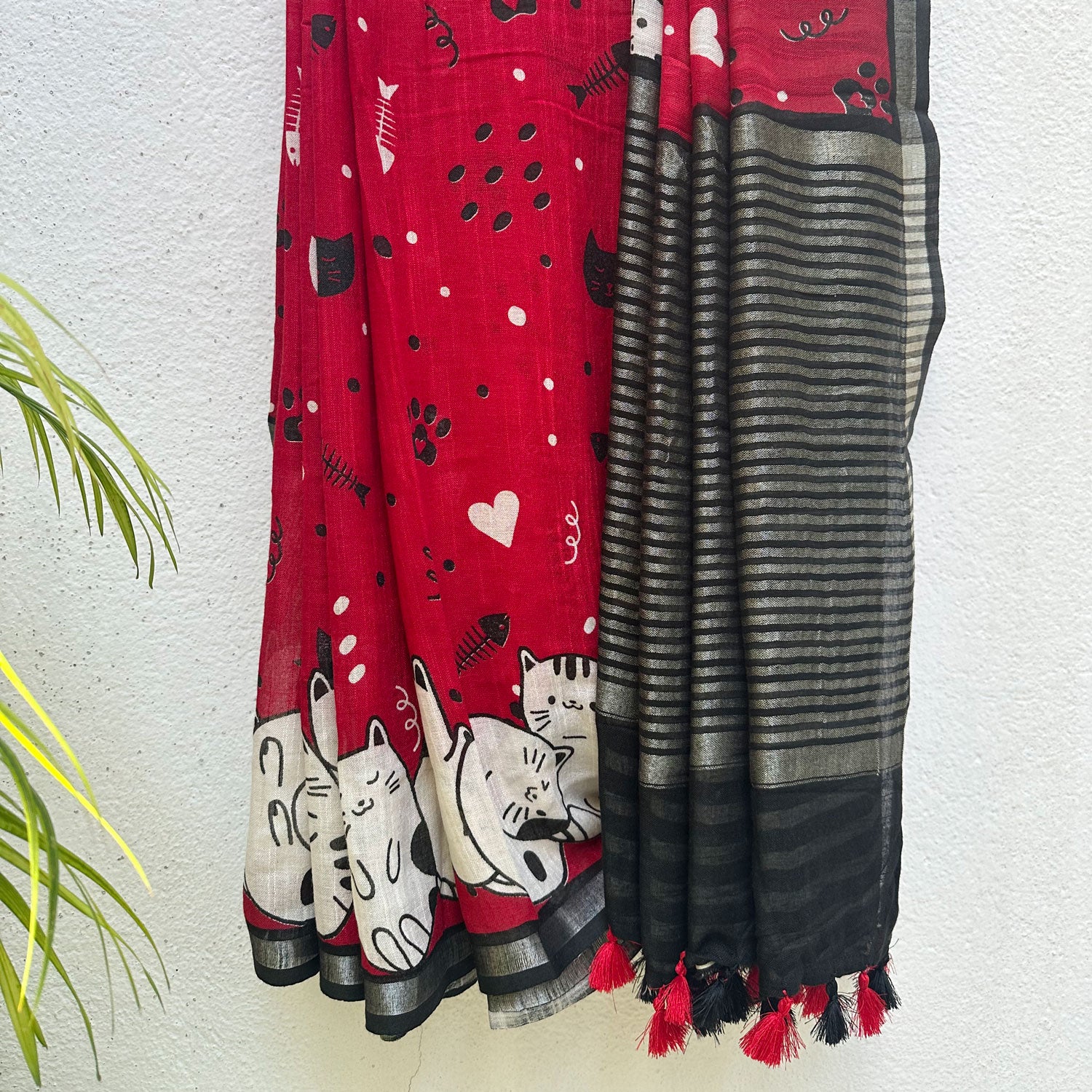 Main Character Energy red cotton cat print saree with fishbone motifs, sleeping cat border and black zari pallu, Zoomies Collection