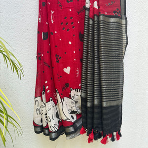 Main Character Energy red cotton cat print saree with fishbone motifs, sleeping cat border and black zari pallu, Zoomies Collection