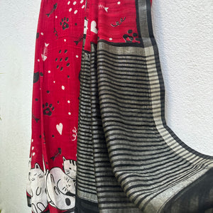 Main Character Energy red cotton cat print saree with fishbone motifs, sleeping cat border and black zari pallu, Zoomies Collection