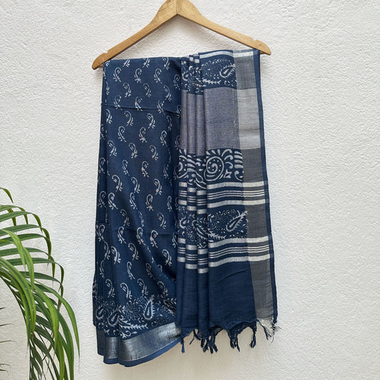 Manah Indigo Hand Block Cotton Linen Saree