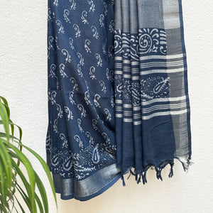 Manah Indigo Hand Block Cotton Linen Saree