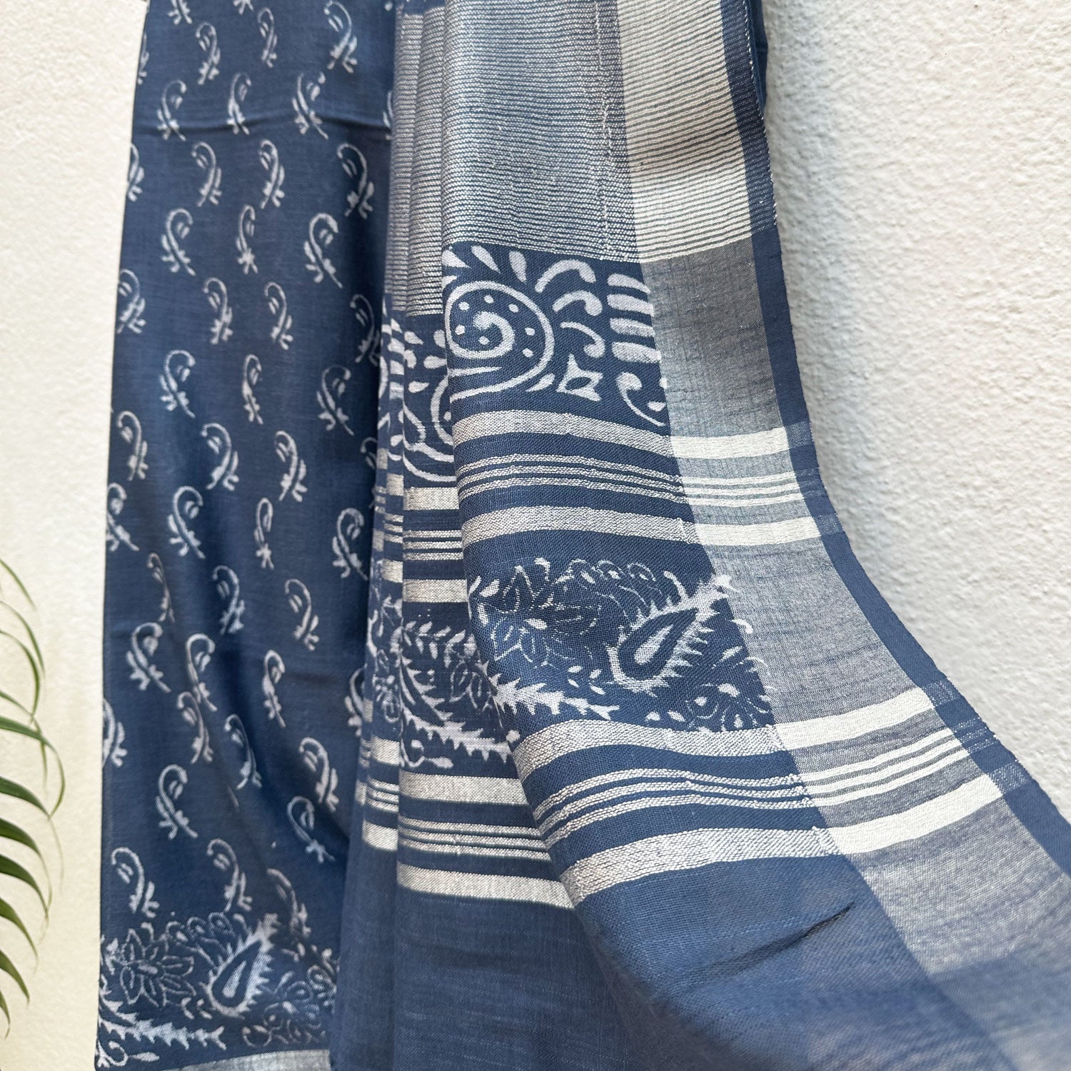 Manah Indigo Hand Block Cotton Linen Saree