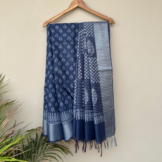 Sun buti hand block print indigo cotton silk saree full view with paisley keri border – Manah by The Thread Weavers