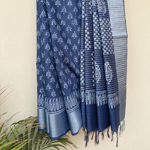 Pleats detail of scattered sun buti hand block print on indigo cotton silk – Manah by The Thread Weavers