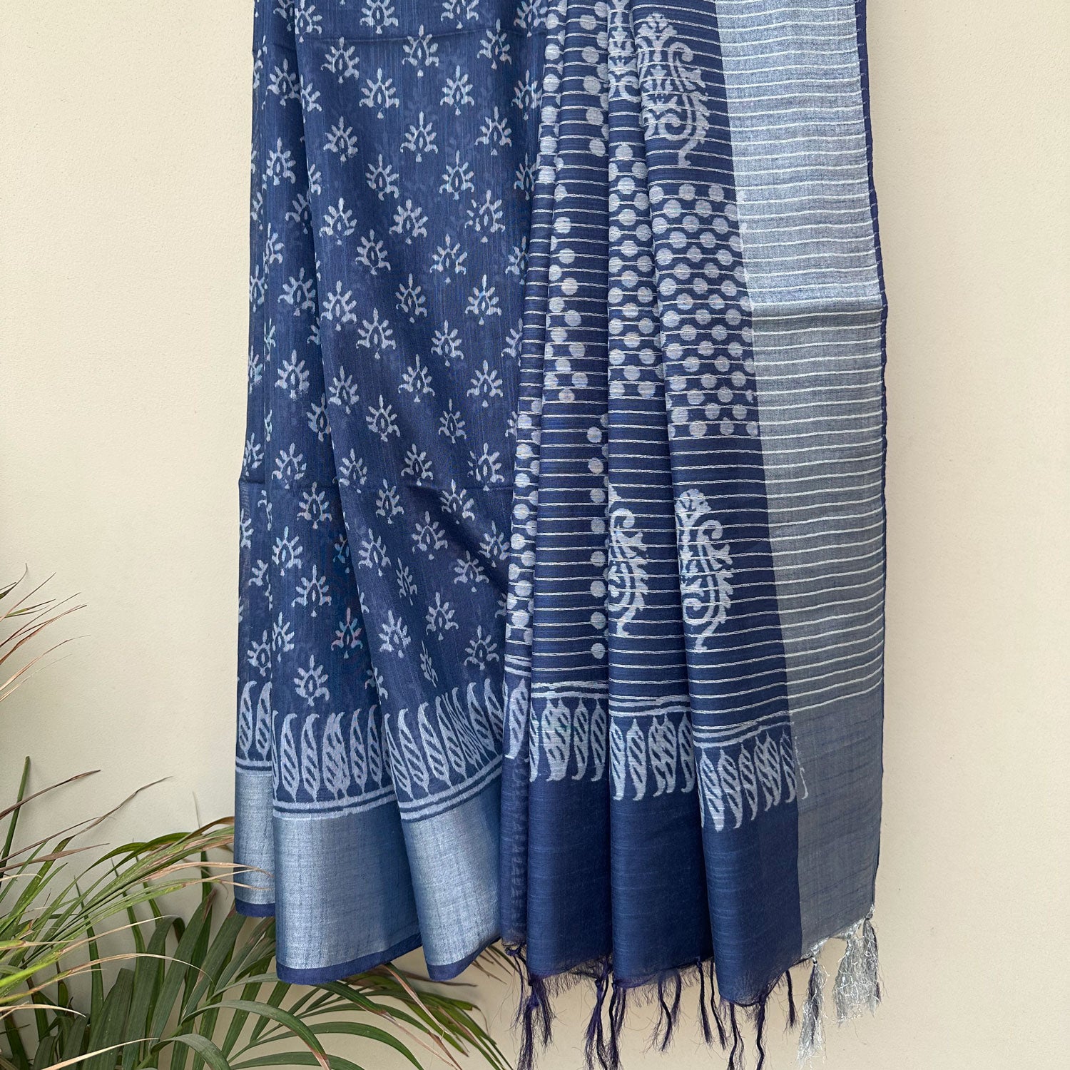 Pleats detail of scattered sun buti hand block print on indigo cotton silk – Manah by The Thread Weavers